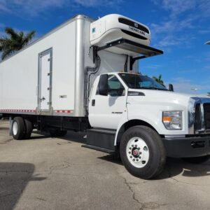 Front Side view New 2026 Ford F-750 with 26 foot Wabash Refrigerated box and 3500 pound liftgate