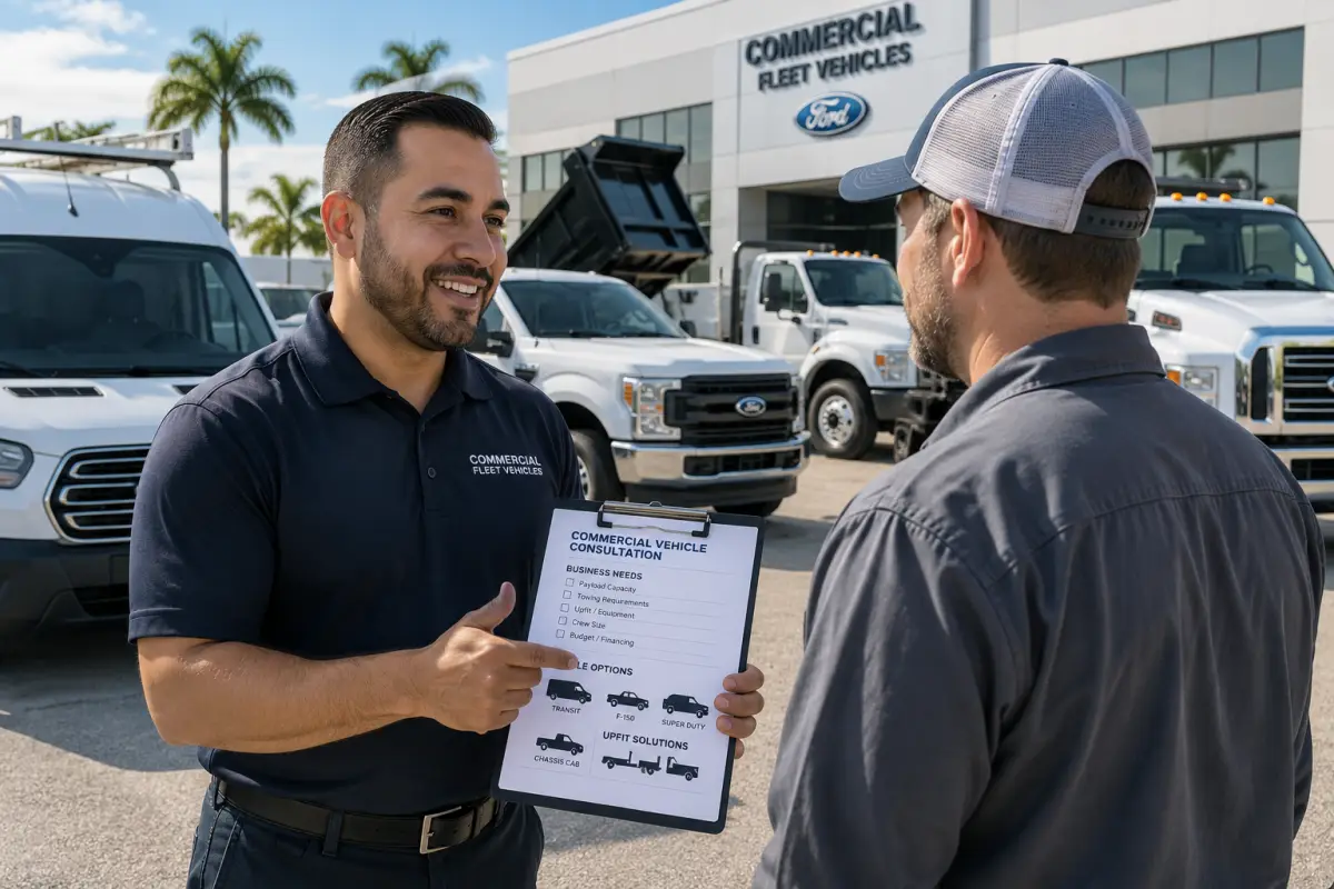 Commercial vehicle consultation for a business owner choosing Ford work trucks and vans