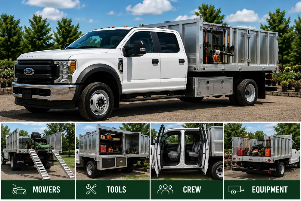 Ford commercial truck with aluminum landscape body for mowers, tools, crew and landscaping equipment