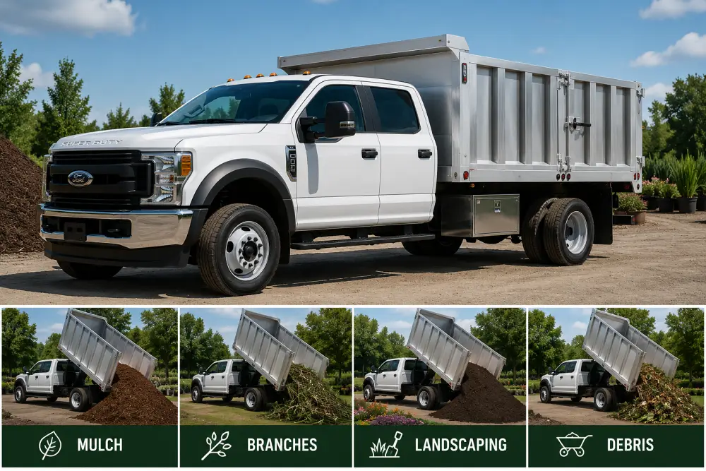 Ford commercial truck with aluminum landscape dump body for mulch, branches, landscaping materials and debris