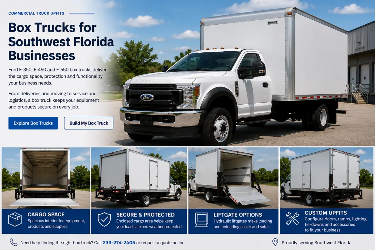Ford commercial box truck with enclosed cargo body and hydraulic liftgate options