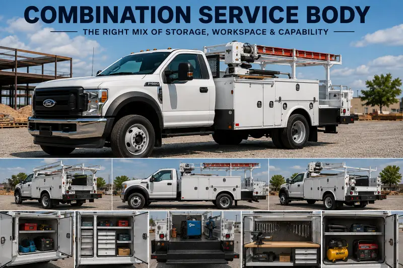 Ford commercial truck with combination service body, tool compartments, ladder rack, workbench and equipment storage
