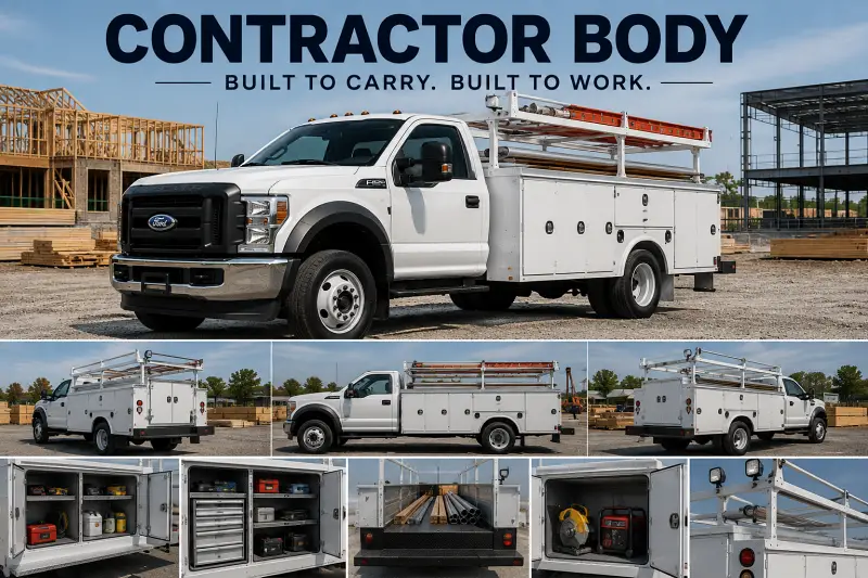 Ford commercial truck with contractor body, tool compartments, ladder rack, lumber, pipe and jobsite equipment storage