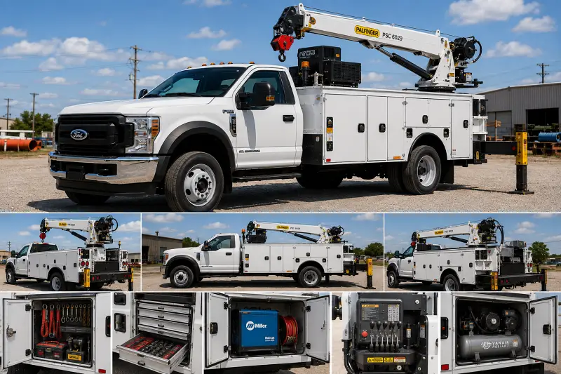 Ford commercial crane body truck with service compartments, hydraulic crane, outriggers, tool storage and onboard equipment
