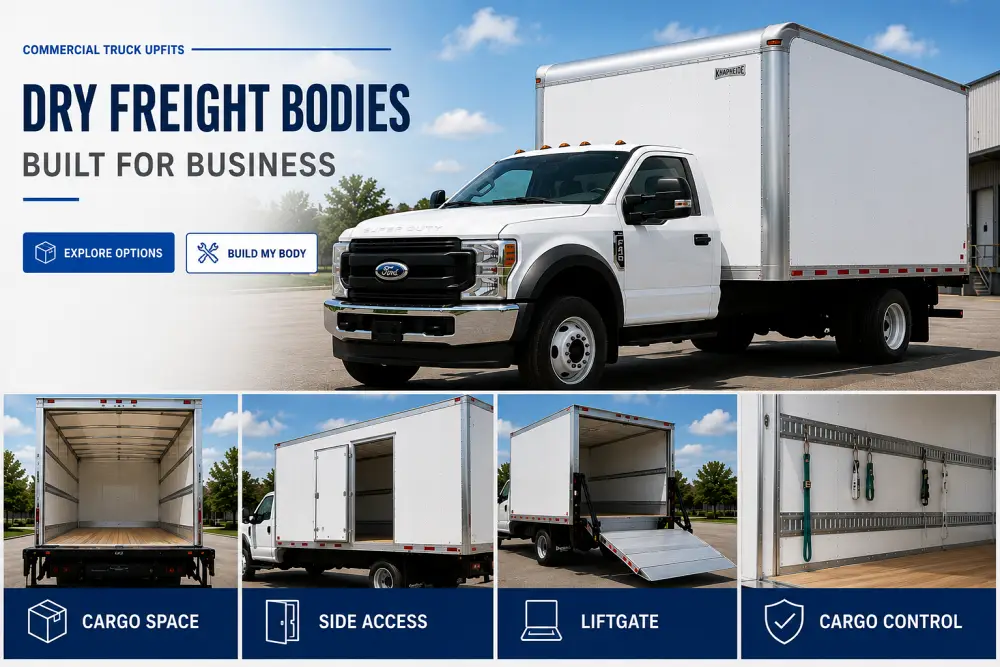 Ford commercial truck with dry freight body, side access, hydraulic liftgate and cargo control system