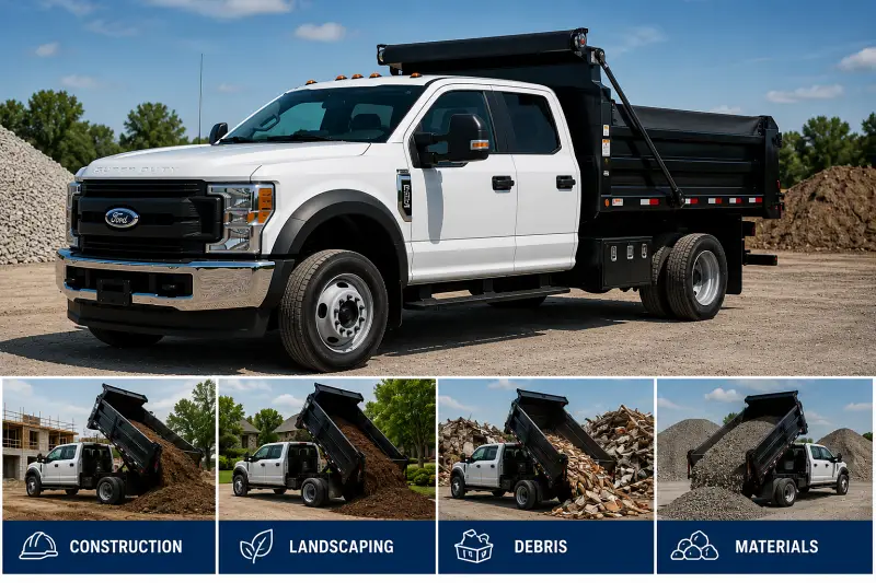Ford commercial dump body truck for construction, landscaping, debris removal and material hauling