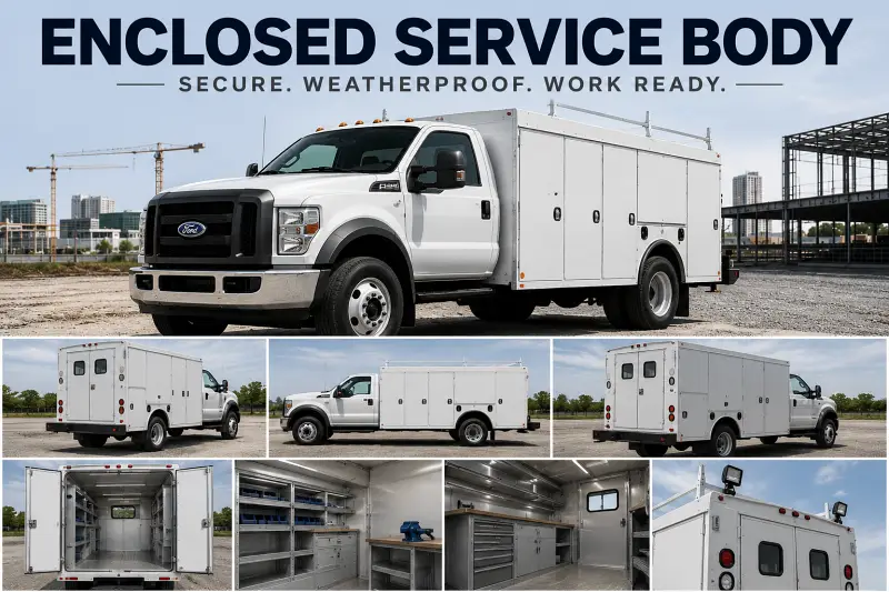 Ford commercial truck with enclosed service body, secure tool storage, shelving, workbench and commercial equipment configurations