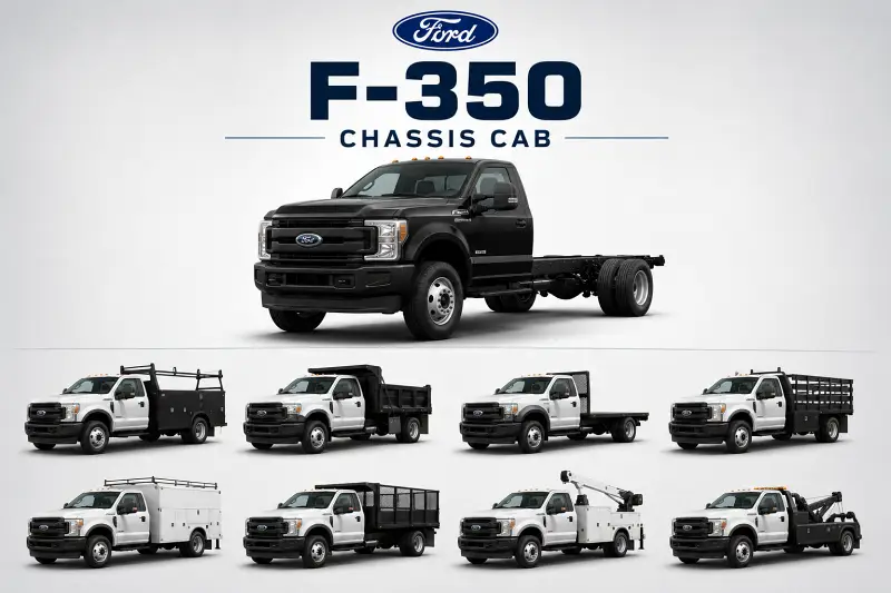 Ford F-350 Chassis Cab & Commercial Upfits Ford F-350 chassis cab with service body, dump body, flatbed, landscape body, crane truck and other commercial upfit examples