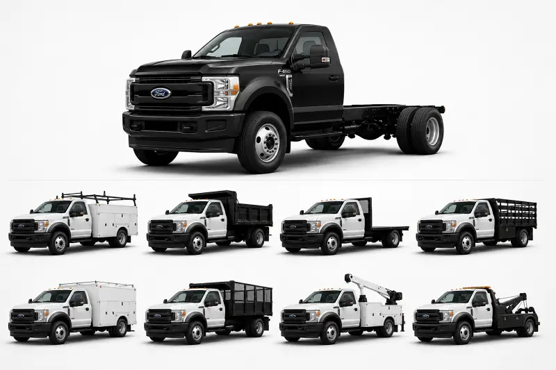 Ford F-450 chassis cab with service body, dump body, flatbed, landscape body, crane truck and other commercial upfit examples