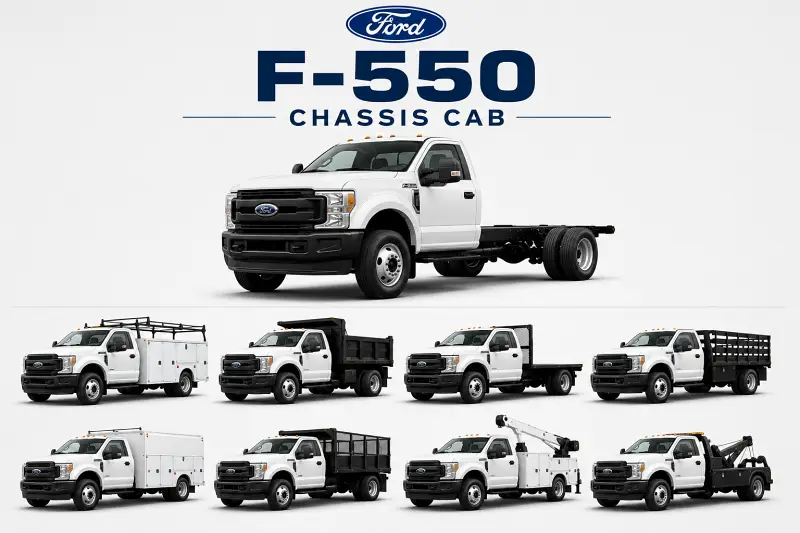 Ford F-550 chassis cab with service body, dump body, flatbed, landscape body, crane truck and towing upfit examples