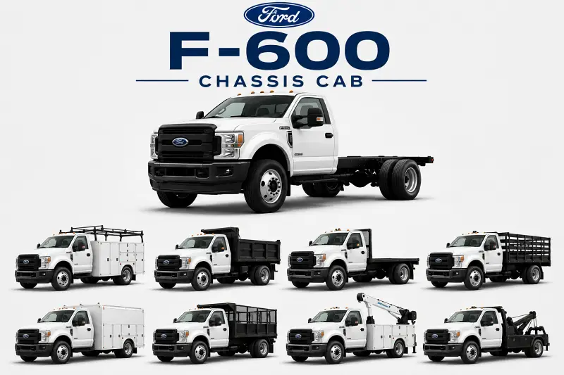 Ford F-600 Chassis Cab & Commercial Upfits Ford F-600 chassis cab with service body, dump body, flatbed, landscape body, crane truck and towing upfit examples