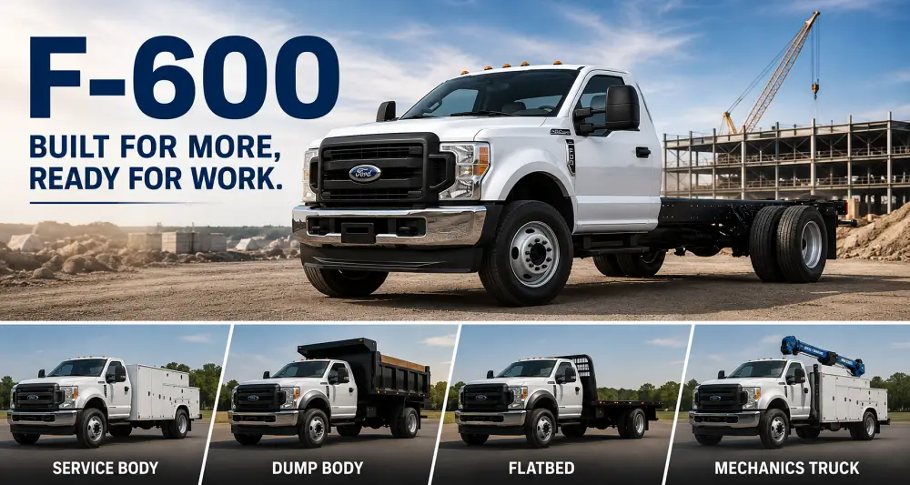 Ford F-600 chassis cab with service body, dump body, flatbed and mechanics truck upfit examples