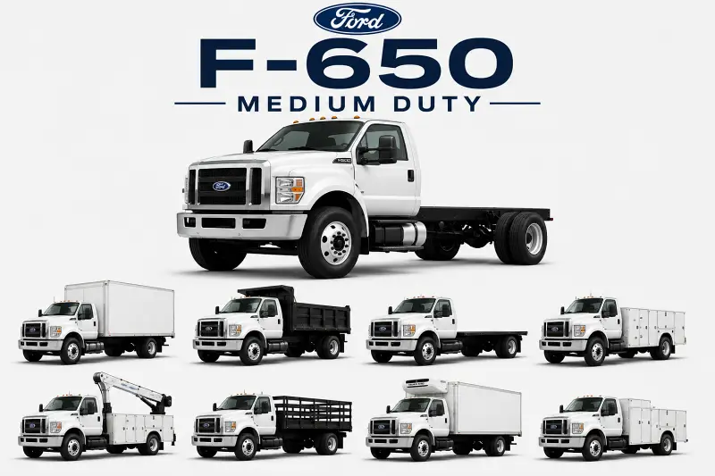 Ford F-650 medium duty commercial truck with box truck, dump truck, flatbed, service body, crane truck and refrigerated body upfit examples