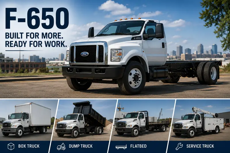 Ford F-650 medium duty commercial truck with box truck, dump truck, flatbed and service truck upfit examples