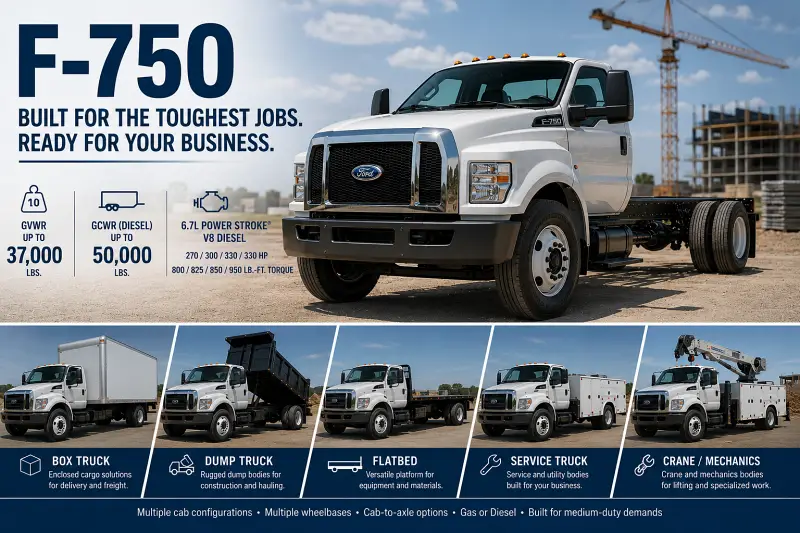 Ford F-750 medium duty commercial truck with box truck, dump truck, flatbed, service truck and crane truck upfit examples