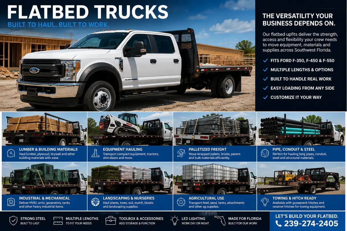 Ford F-350, F-450 and F-550 commercial flatbed trucks for hauling equipment, lumber, pallets, pipe and building materials