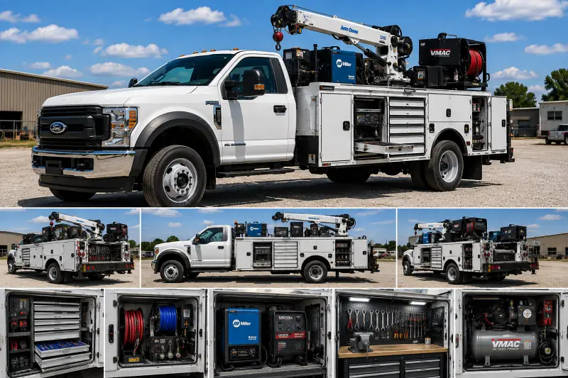 Ford mechanics truck with service crane, tool compartments, air compressor, welder, hose reels and mobile repair equipment