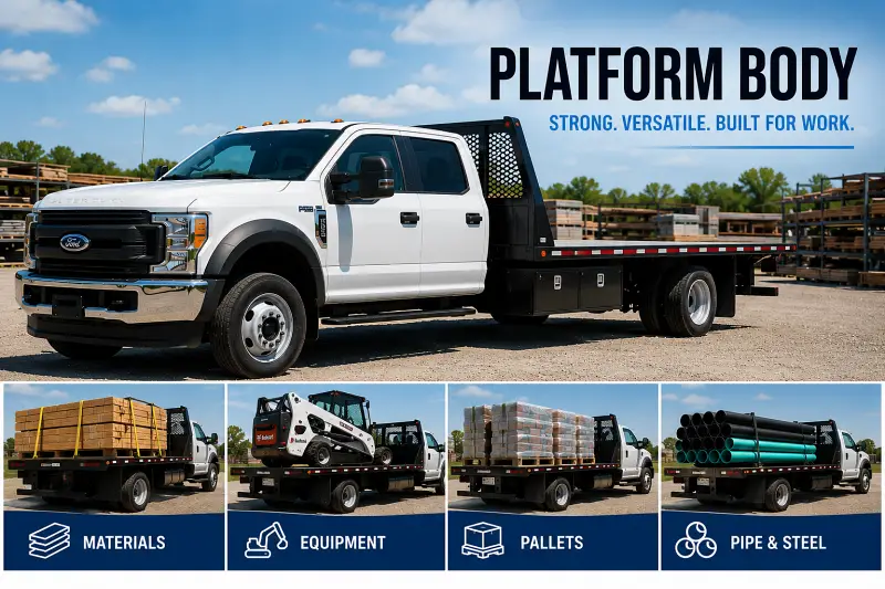 Ford commercial platform body truck hauling building materials, equipment, pallets, pipe and steel