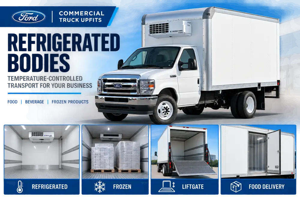 Ford commercial truck with refrigerated body for temperature-controlled food and frozen product delivery