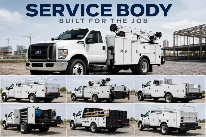 Ford commercial trucks with service body upfits including crane body, ladder rack, tool storage and field service configurations