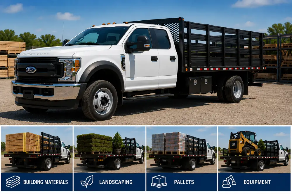 Ford commercial stake bed truck for hauling building materials, landscaping supplies, pallets and equipment