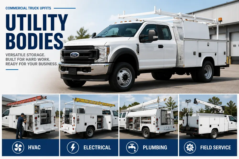 Ford commercial utility body truck with exterior storage compartments and ladder rack for HVAC, electrical, plumbing and field service