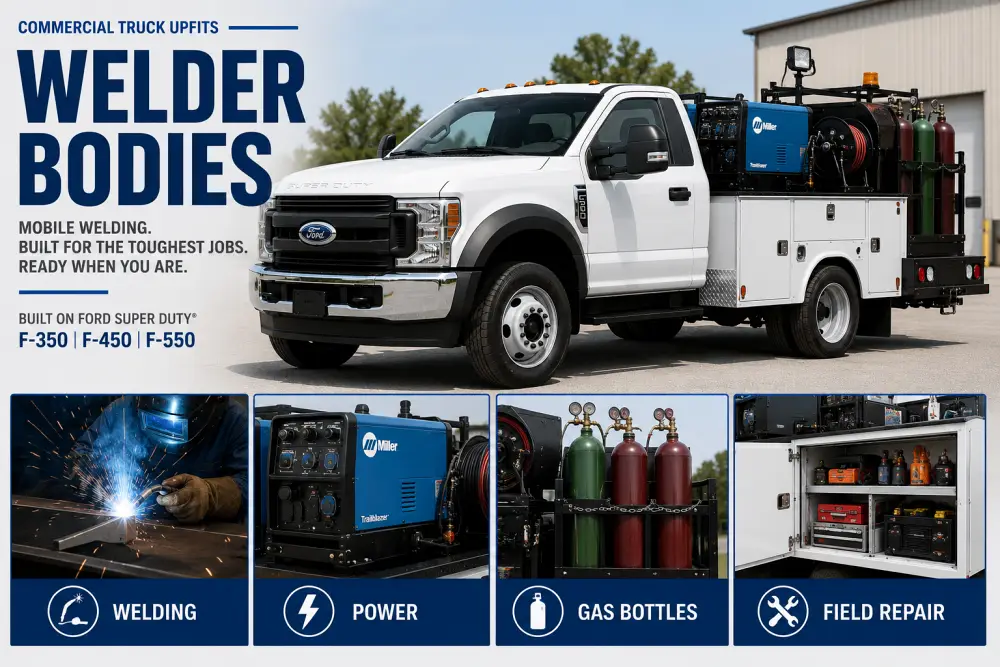 Ford commercial welder body truck with welding equipment, generator, gas bottle storage and field repair tools