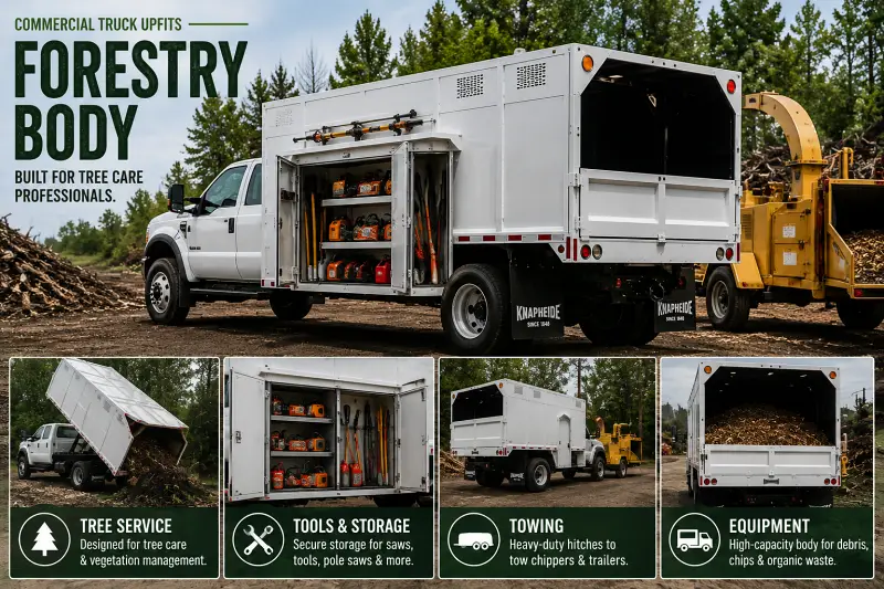 Ford commercial forestry body truck with tool storage, chipper towing and high-capacity tree debris body