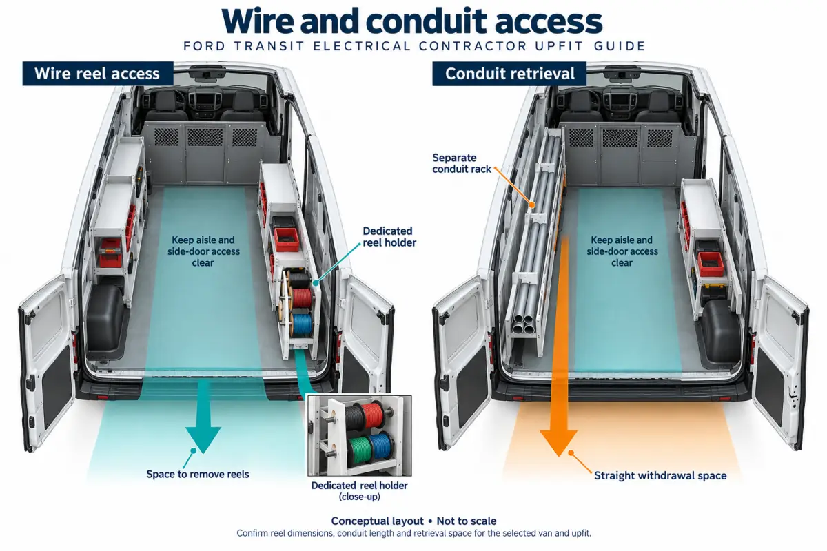 Ford Transit cutaway diagrams showing separate wire reel storage and conduit retrieval routes with clear cargo aisles.