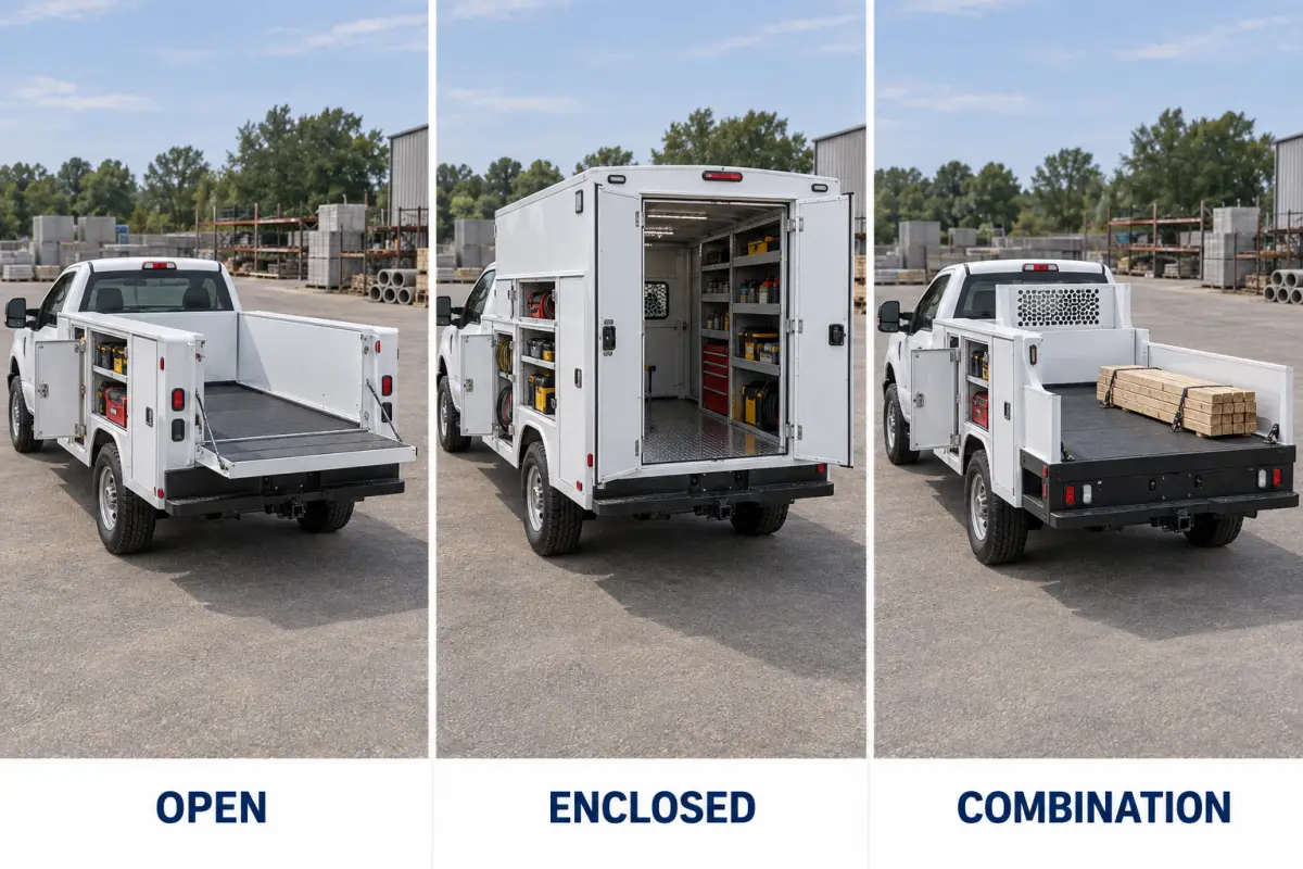 Three service trucks comparing an open cargo bed, enclosed walk-in storage and a combination body with tool compartments and a rear platform.
