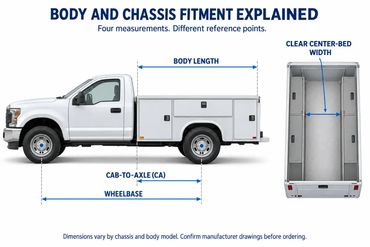 Side and top views showing cab-to-axle, wheelbase, service-body length and clear center-bed width between storage compartments.