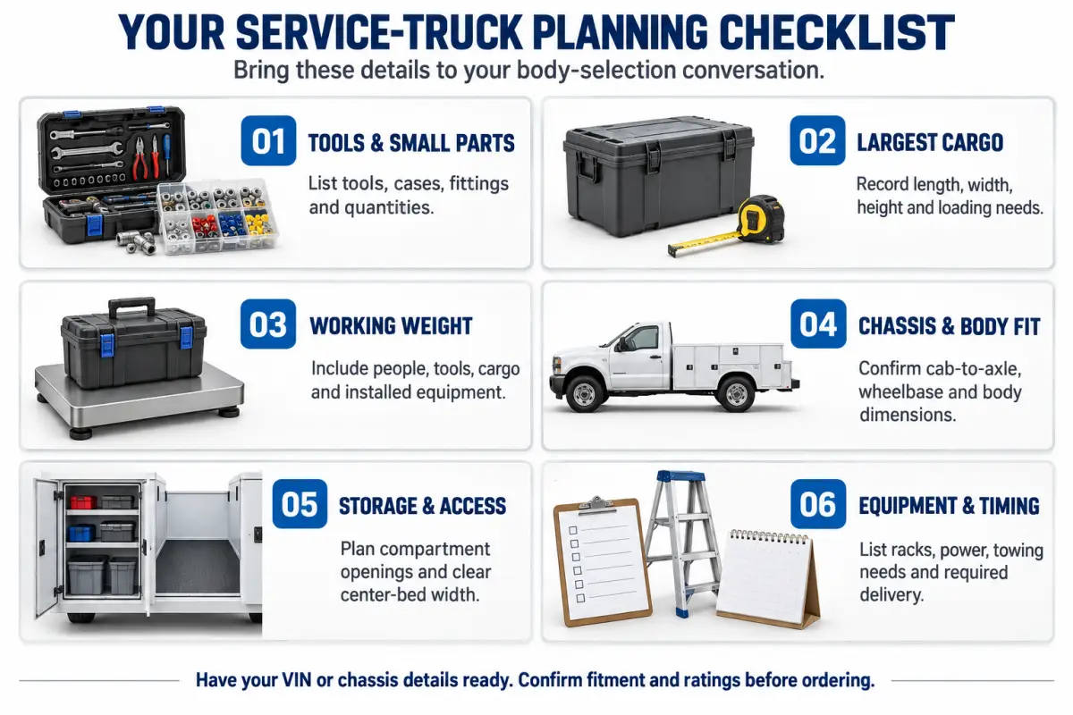 Service-truck planning checklist covering tools, cargo dimensions, working weight, chassis fit, storage access, equipment and delivery timing.