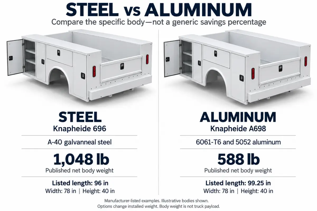 Steel Knapheide 696 and aluminum A698 service-body comparison showing construction, dimensions and published weights of 1,048 and 588 pounds.